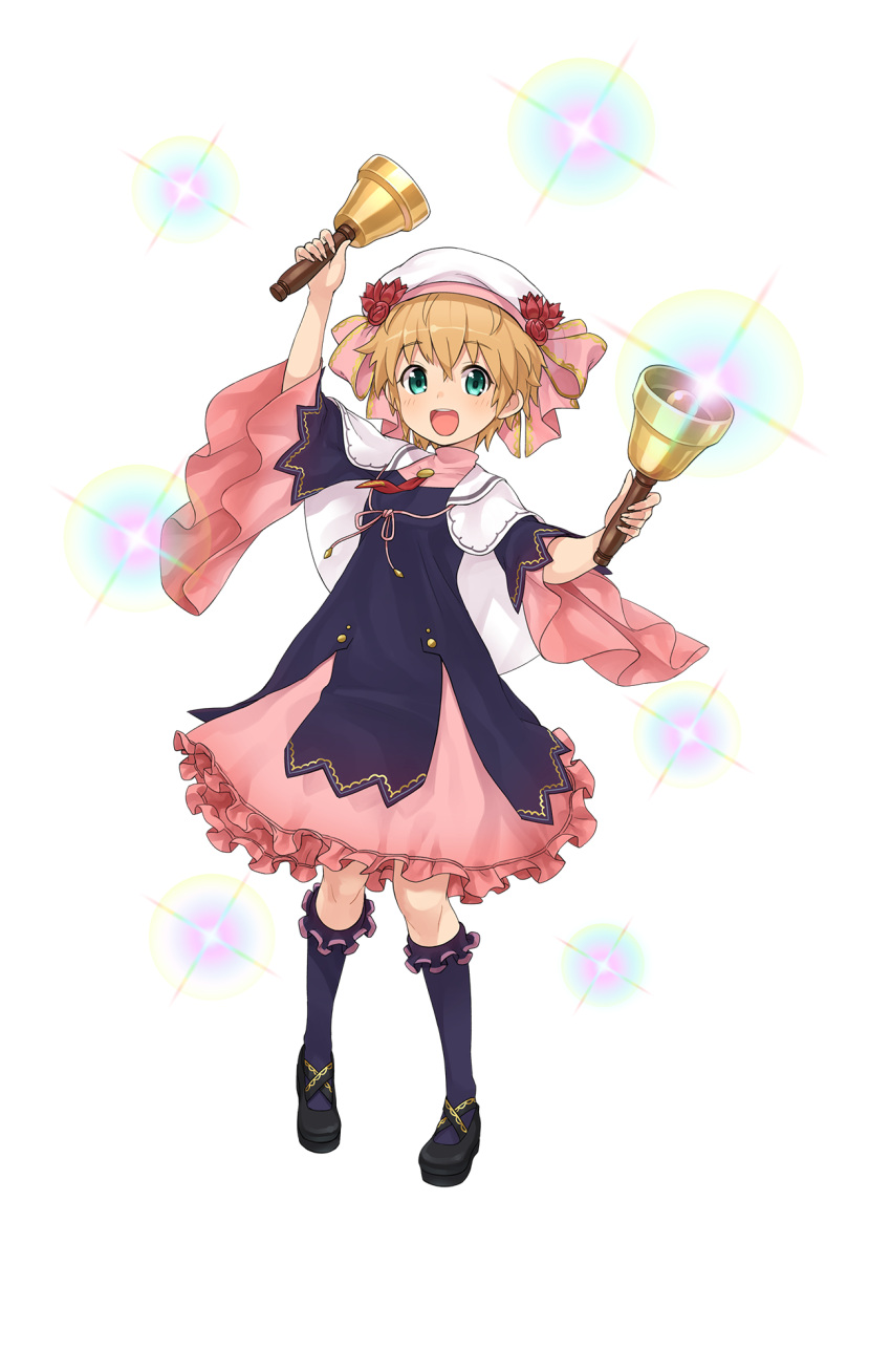 1girl :d aqua_eyes arm_up bell black_footwear capelet dress full_body hand_up handbell hat highres jan_stanton kneehighs light_brown_hair looking_at_viewer navy_blue_legwear official_art open_mouth pink_dress princess_principal princess_principal_game_of_mission shoes short_hair smile solo sparkle standing transparent_background white_capelet white_hat wide_sleeves