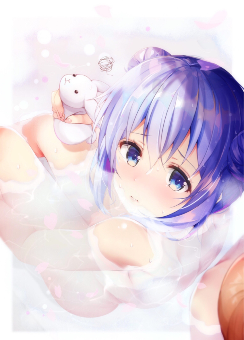 1girl bangs bathing blue_eyes blush closed_mouth commentary_request eyebrows_visible_through_hair from_above gochuumon_wa_usagi_desu_ka? hair_between_eyes highres kafuu_chino light_blue_hair long_hair looking_at_viewer nose_blush nude partially_submerged petals petals_on_water rabbit rouka_(akatyann) solo squiggle water wet
