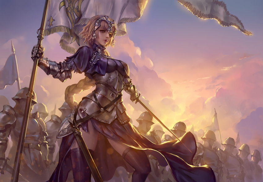 1girl 6+boys armor army backlighting bangs banner black_skirt blonde_hair braid breasts brown_eyes clouds cloudy_sky corset dress fate/apocrypha fate_(series) faulds full_armor gauntlets headpiece holding holding_sword holding_weapon jeanne_d'arc_(fate) jeanne_d'arc_(fate)_(all) knight large_breasts legs_apart lips long_hair looking_at_viewer morning multiple_boys outdoors outstretched_arm ozma parted_lips pelvic_curtain polearm purple_dress single_braid skirt sky solo_focus spear standing sunlight sunrise sword thigh-highs thighs underbust very_long_hair weapon