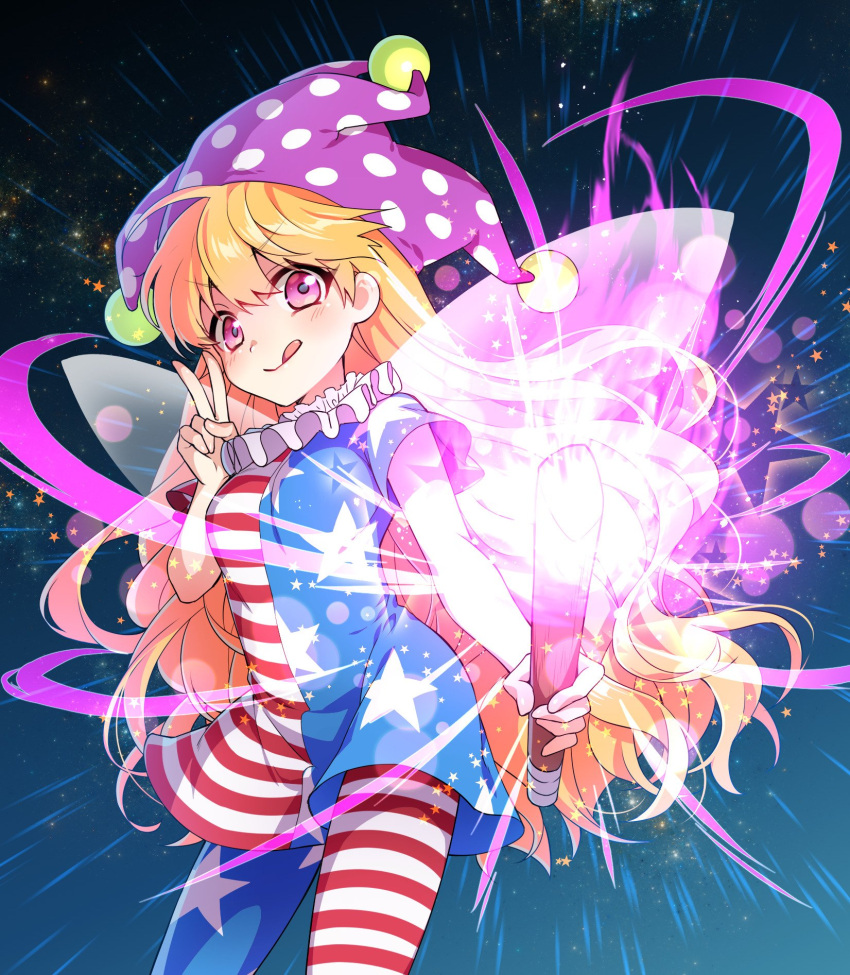 1girl american_flag_dress american_flag_legwear bangs bare_arms blonde_hair breasts closed_mouth clownpiece commentary_request fairy_wings fire gradient gradient_background hat highres holding jester_cap kuronohana licking_lips long_hair looking_at_viewer medium_breasts neck_ruff pantyhose pink_eyes polka_dot short_sleeves solo star star_print starry_background striped tongue tongue_out torch touhou transparent_wings v very_long_hair wings