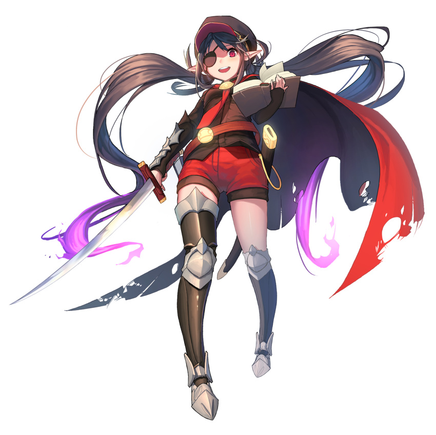 1girl :d bangs black_footwear black_legwear book boots brown_hair brown_jacket cape eyebrows_visible_through_hair eyepatch full_body gradient gradient_background hat highres holding holding_book holding_sword holding_weapon jacket katana knee_boots kuri_choko long_hair looking_at_viewer low_twintails open_book open_mouth original peaked_cap pointy_ears purple_hair red_cape red_eyes red_shorts shaded_face sheath short_shorts shorts simple_background single_knee_boot single_thigh_boot smile solo standing sword torn_cape twintails unsheathed very_long_hair weapon white_background