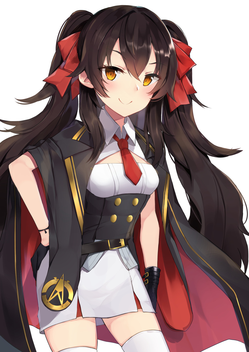 1girl absurdres bada_(jksh5056) bangs belt_buckle black_belt black_gloves black_hair black_jacket blush breasts buckle closed_mouth collared_shirt commentary_request cowboy_shot eyebrows_visible_through_hair girls_frontline gloves hair_between_eyes hair_ribbon hand_on_hip highres jacket jacket_on_shoulders leather leather_gloves long_hair looking_at_viewer necktie pleated_skirt qbz-97_(girls_frontline) red_neckwear red_ribbon ribbon shirt simple_background skirt small_breasts smile solo thigh-highs twintails underbust very_long_hair white_background white_legwear white_shirt white_skirt wing_collar