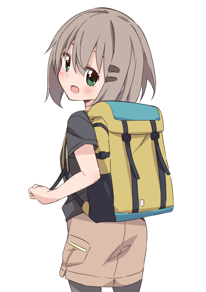 1girl :d absurdres backpack bag bangs black_legwear black_shirt blush brown_skirt commentary_request green_eyes grey_hair hair_between_eyes hair_ornament hairclip head_tilt highres looking_at_viewer looking_back mousou_(mousou_temporary) open_mouth pantyhose shirt short_hair short_sleeves simple_background skirt smile solo white_background yama_no_susume yukimura_aoi
