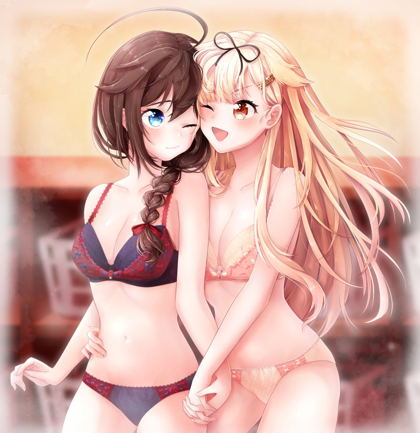 2girls absurdres ahoge bangs black_bra black_panties black_ribbon blonde_hair blue_eyes blurry blurry_background bow bow_bra bra braid breasts brown_hair cheek-to-cheek cleavage commentary_request cowboy_shot depth_of_field hair_ornament hair_over_shoulder hair_ribbon hairclip hand_holding hand_on_another's_hip highres indoors interlocked_fingers kantai_collection kururuduki lace lace-trimmed_bra lace-trimmed_panties long_hair looking_at_another looking_back multiple_girls navel open_mouth panties polka_dot polka_dot_bra polka_dot_panties red_eyes red_ribbon ribbon shigure_(kantai_collection) single_braid small_breasts smile smirk standing underwear underwear_only yellow_bra yellow_panties yuudachi_(kantai_collection)