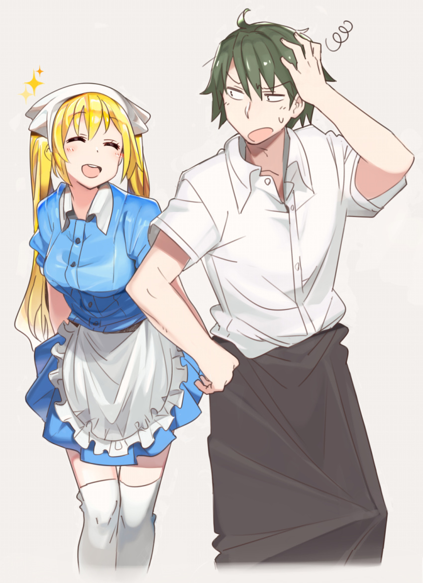 1boy 1girl ^_^ ^o^ akizuki_kouyou apron arms_behind_back blend_s blonde_hair blush breasts closed_eyes collared_shirt dress green_hair half-closed_eyes hand_in_hair happy highres hinata_kaho kasa_list leaning_forward looking_at_another maid maid_headdress open_mouth puffy_short_sleeves puffy_sleeves shirt short_sleeves smile sweatdrop thigh-highs twintails waitress