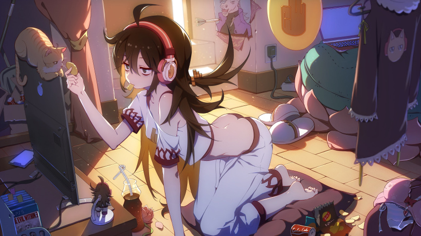 1girl ahoge all_fours ass bags_under_eyes barefoot black_eyes black_hair blurry bra butt_crack can cat cellphone chips coca-cola computer crop_top dart depth_of_field drinking_straw flat_screen_tv flower food hair_between_eyes half-closed_eyes headphones highres indoors laptop mosquito_coils mouth_hold off-shoulder_shirt one_side_up panties petals phone potato_chips shirt short_sleeves smartphone soda_can solo the_evil_within underwear