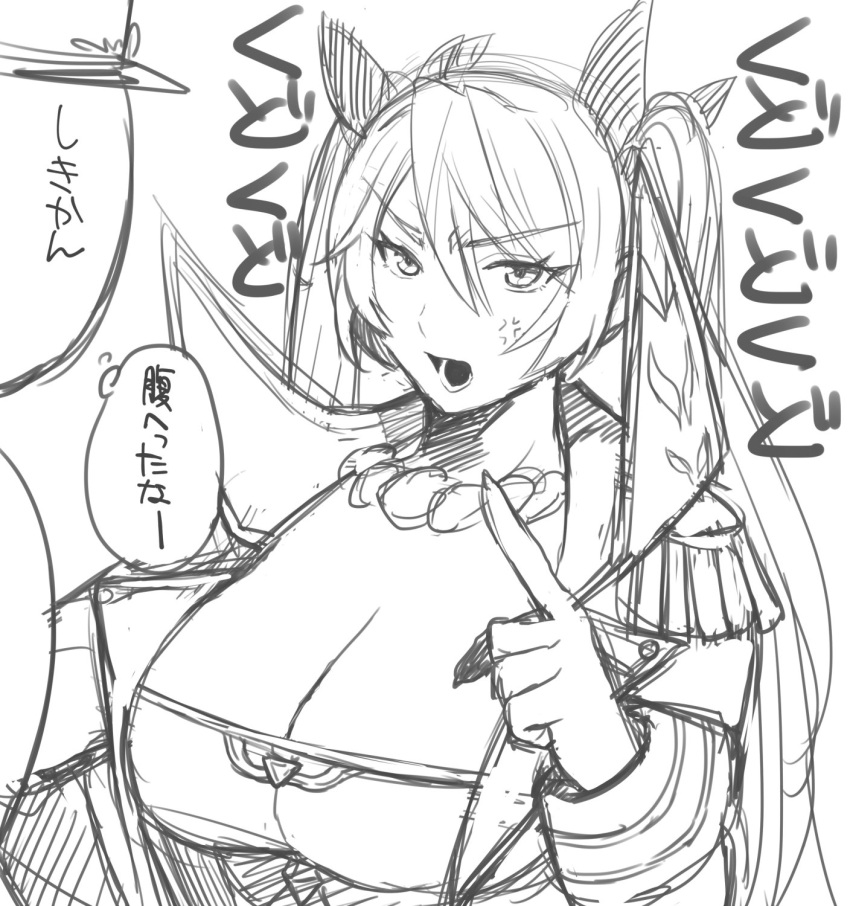 1boy 1girl admiral_(azur_lane) anger_vein azur_lane bangs breasts cleavage commentary_request epaulettes eyebrows eyebrows_visible_through_hair eyelashes eyes_visible_through_hair ezaki_papiko fingernails full_body grey hair_between_eyes hair_ribbon hat highres index_finger_raised jacket large_breasts long_fingernails long_hair long_sleeves military military_uniform monochrome nelson_(azur_lane) open_clothes open_jacket open_mouth peaked_cap ribbon simple_background sketch solo_focus straight_hair teeth text thought_bubble tongue translated tsurime twintails uniform upper_body very_long_hair white_background