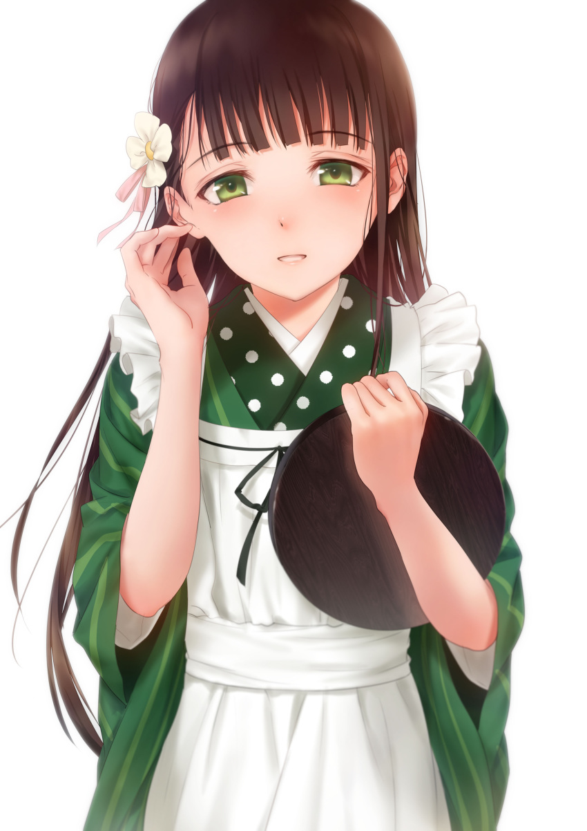 1girl absurdres adjusting_hair ama_usa_an_uniform apron asaba0327 bangs blunt_bangs blush brown_hair commentary eyebrows_visible_through_hair flower gochuumon_wa_usagi_desu_ka? green_eyes green_kimono hair_flower hair_ornament highres holding holding_tray japanese_clothes kimono long_hair long_sleeves looking_at_viewer maid_apron parted_lips pink_ribbon polka_dot_trim ribbon simple_background smile solo striped striped_kimono teeth tray ujimatsu_chiya upper_body white_apron white_background white_flower wide_sleeves