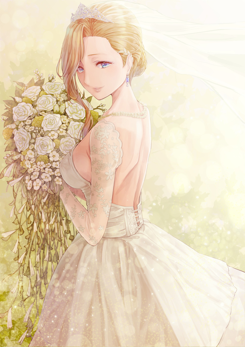 1girl absurdres azur_lane blonde_hair blue_eyes breasts bridal_veil detached_sleeves diadem dress earrings flower from_side highres holding holding_flower hood_(azur_lane) jewelry large_breasts looking_at_viewer necklace open-back_dress parted_lips peppe short_hair_with_long_locks sideboob sleeveless sleeveless_dress smile solo standing strapless strapless_dress veil white_dress white_flower