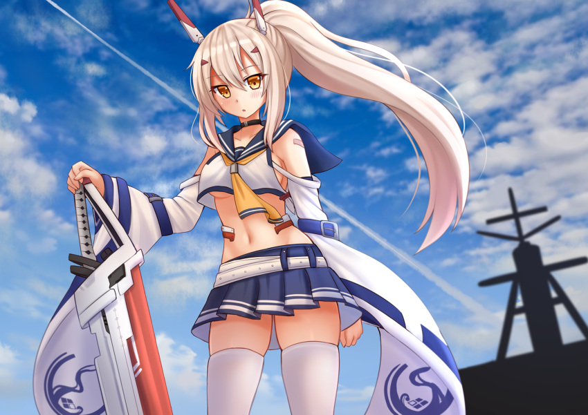 1girl ayanami_(azur_lane) azur_lane belt blue_sky breasts clouds commentary condensation_trail day detached_sleeves highres kazenokaze long_hair looking_at_viewer medium_breasts navel orange_eyes outdoors pleated_skirt ponytail sailor_collar skirt sky solo thigh-highs under_boob white_hair white_legwear zettai_ryouiki
