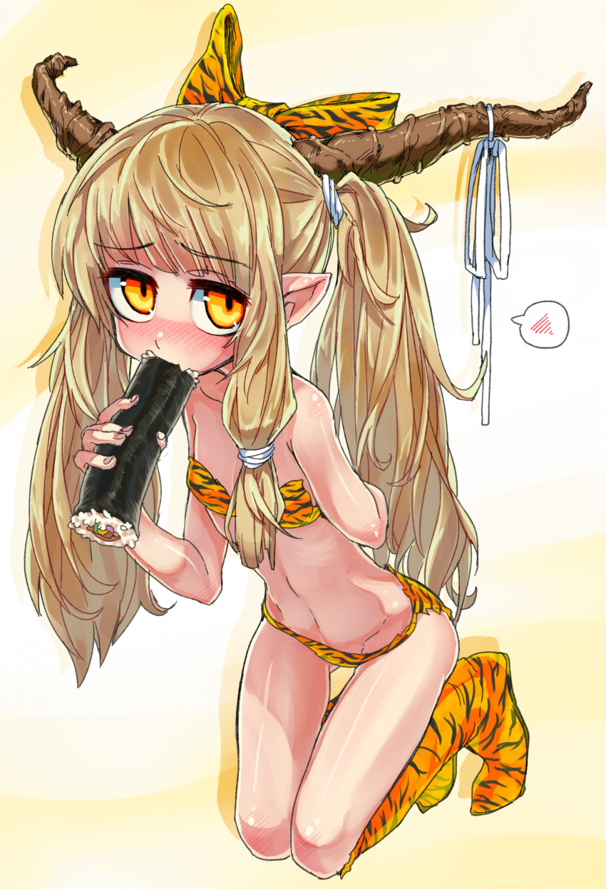 1girl absurdres animal_print bikini bow eating ehoumaki food full_body highres ibuki_suika ifelt_(tamaki_zutama) kneeling long_hair looking_at_viewer makizushi orange_eyes pointy_ears ribbon setsubun simple_background solo spoken_blush sushi swimsuit tiger_print touhou twintails