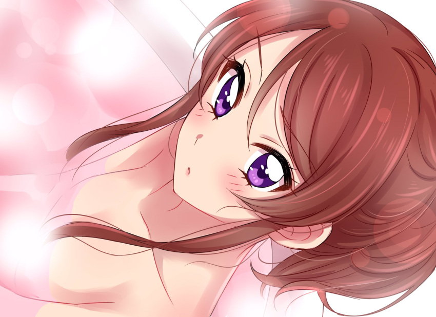 1girl aikatsu! bath bathtub blush brown_hair convenient_censoring dutch_angle eyebrows_visible_through_hair hair_between_eyes highres lens_flare looking_at_viewer nude parted_lips sekina shibuki_ran solo steam steam_censor tied_hair upper_body violet_eyes