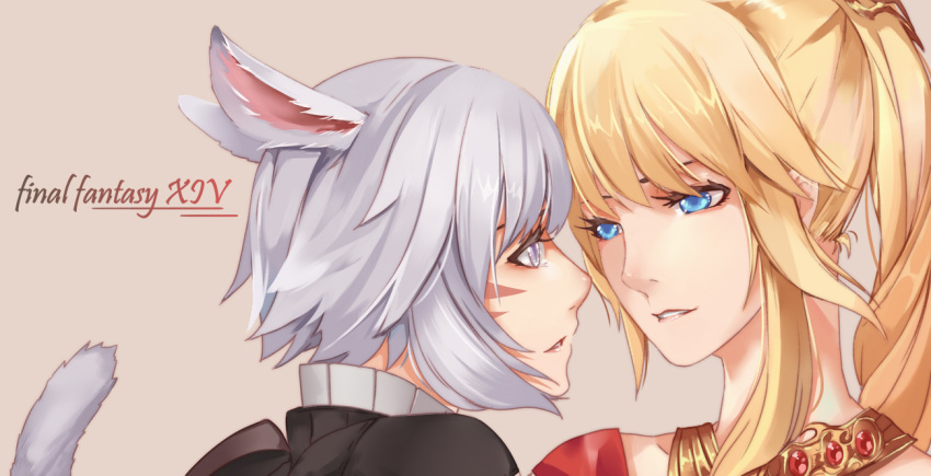 2girls blonde_hair final_fantasy final_fantasy_xiv iceky lyse_(ffxiv) miqo'te multiple_girls y'shtola yuri