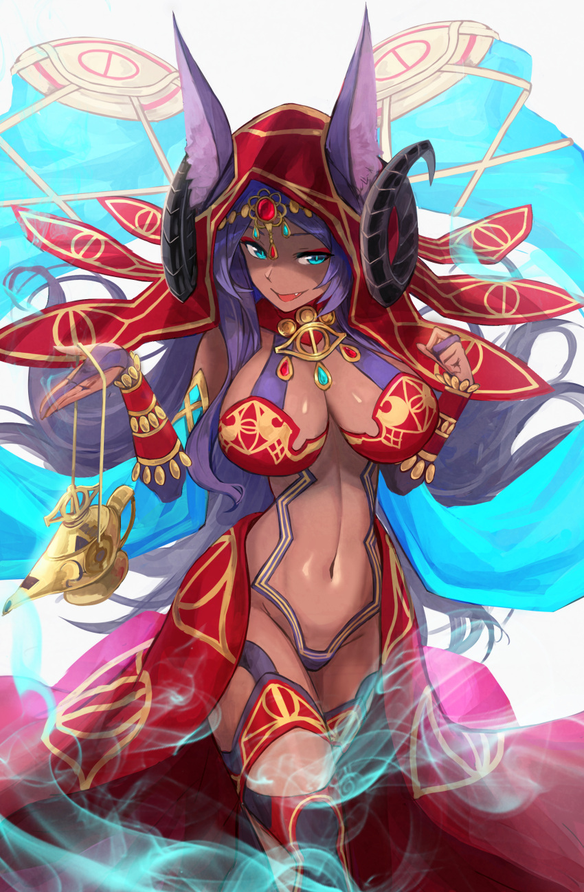 1girl :d absurdres animal_ears blue_eyes blue_hair breasts bridal_gauntlets dark_skin ears_through_headwear elbow_gloves eyeshadow fang fate/grand_order fate_(series) gloves headpiece highres horns horns_through_headwear lamp large_breasts long_hair looking_at_viewer magic makeup open_mouth queen_of_sheba_(fate/grand_order) revealing_clothes sawawse smile solo standing thigh-highs veil very_long_hair walking