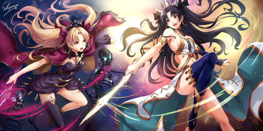 &gt;:d 2girls :d armlet armpits asymmetrical_sleeves bangs bare_shoulders black_hair black_ribbon blonde_hair breasts cape dual_persona earrings ereshkigal_(fate/grand_order) fate/grand_order fate_(series) hair_ribbon highres hoop_earrings ishtar_(fate/grand_order) jewelry long_hair looking_at_another multiple_girls navel neck_ring open_mouth parted_bangs red_cape red_eyes red_ribbon ribbon sakiyamama sideboob single_thighhigh small_breasts smile thigh-highs tiara tohsaka_rin twintails two_side_up v-shaped_eyebrows very_long_hair