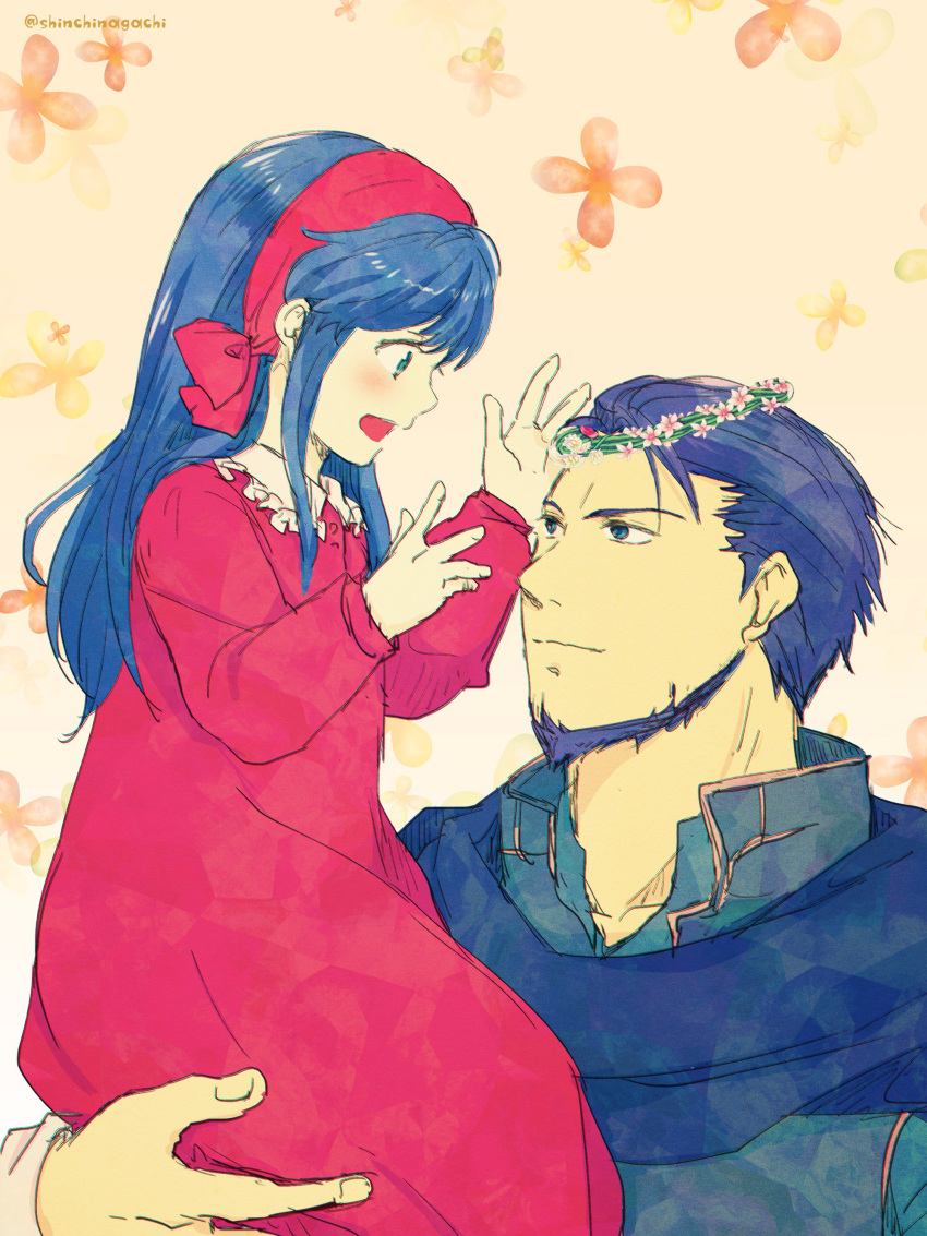 1boy 1girl absurdres beard blue_eyes blue_hair cape dress facial_hair father_and_daughter fire_emblem fire_emblem:_fuuin_no_tsurugi fire_emblem:_rekka_no_ken hector_(fire_emblem) highres lilina long_hair older open_mouth short_hair smile younger