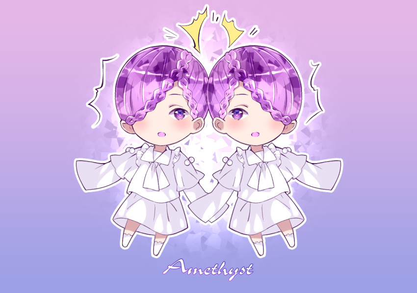 amethyst_(houseki_no_kuni) androgynous braid character_name hmniao houseki_no_kuni pajamas purple_hair short_hair siblings twins violet_eyes