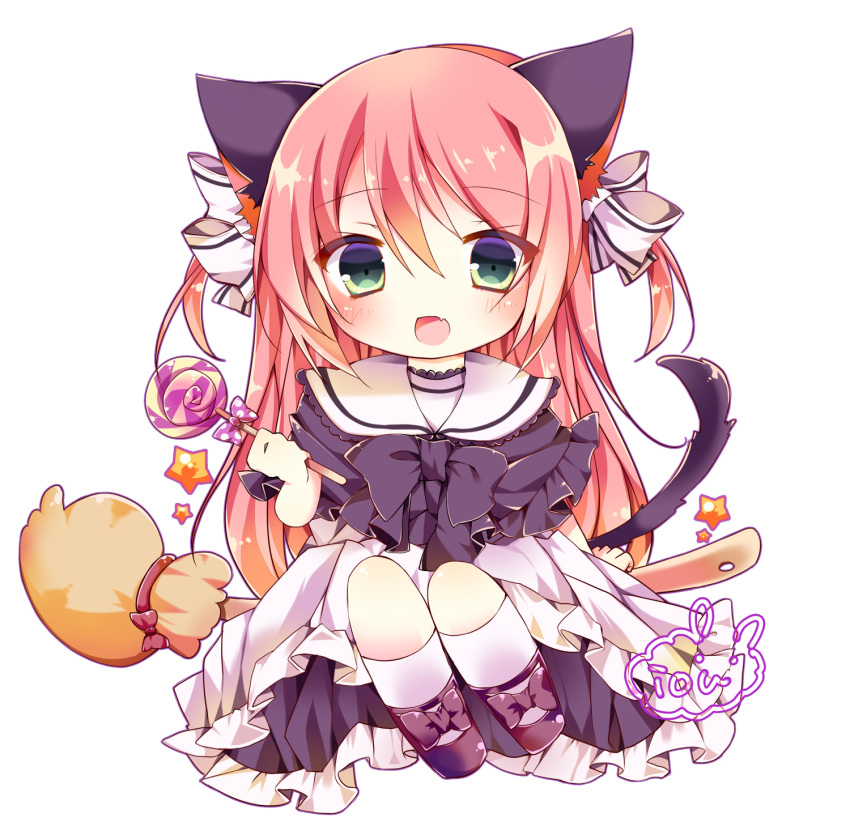 1girl :d ai_1003 animal_ears bangs black_bow black_footwear black_neckwear black_shirt blush bow bowtie broom broom_riding candy cat_ears cat_girl cat_tail chibi commentary_request eyebrows_visible_through_hair fang food full_body hair_between_eyes hair_bow halloween highres holding holding_lollipop kneehighs lollipop long_hair looking_at_viewer open_mouth original pink_bow pink_hair polka_dot polka_dot_bow shirt shoes signature simple_background sitting sitting_sideways skirt smile solo star striped striped_bow swirl_lollipop tail two_side_up very_long_hair white_background white_bow white_legwear white_skirt