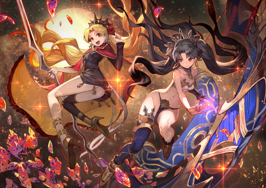 2girls asymmetrical_sleeves bare_shoulders black_hair blonde_hair cape closed_mouth earrings ereshkigal_(fate/grand_order) fate/grand_order fate_(series) high_heels highres hoop_earrings ishtar_(fate/grand_order) jewelry lack long_hair multiple_girls navel neck_ring open_mouth red_cape red_eyes red_ribbon ribbon single_thighhigh smile thigh-highs tiara tohsaka_rin twintails very_long_hair