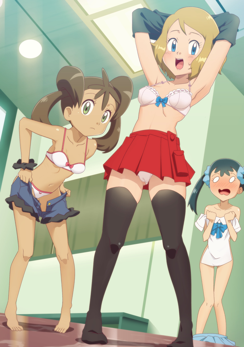 3girls :d absurdres arms_up barefoot blonde_hair blue_eyes blue_ribbon blush bow bow_bra bra breasts brown_hair changing_room covering dark_skin feet gazing_eye green_eyes highres looking_at_viewer multiple_girls navel nose_blush nude_cover o_o open_mouth panties pink_bow pokemon pokemon_(anime) pokemon_xy_(anime) red_skirt ribbon sana_(pokemon) serena_(pokemon) shirt_lift shocked_eyes short_hair shorts skirt small_breasts smile standing sweat sweatdrop thigh-highs topless twintails underwear undressing white_bra white_panties