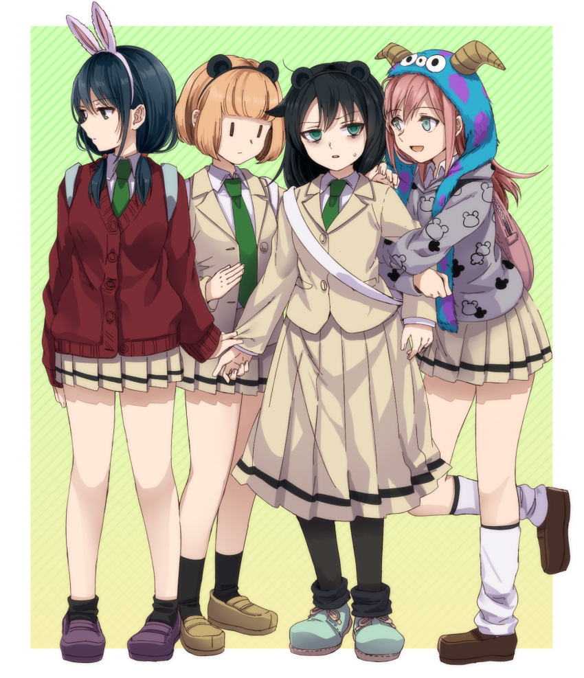 4girls :d animal_ears arm_grab arm_hug backpack bag bags_under_eyes bangs black_hair blunt_bangs brown_hair cardigan check_commentary commentary_request expressionless eyebrows_visible_through_hair fake_animal_ears fake_horns girl_sandwich gradient gradient_background green_eyes grey_eyes hair_between_eyes harem headwear highres hood hooded_sweater horns kuroki_tomoko loafers long_hair loose_socks low_twintails mouse_ears multiple_girls necktie nemoto_hina open_mouth pantyhose pleated_skirt rabbit_ears sandwiched school_uniform shoes shoulder_bag skirt smile socks sweatdrop sweater takeko_spla tamura_yuri twintails ucchi_(watashi_ga_motenai_no_wa_dou_kangaetemo_omaera_ga_warui!) watashi_ga_motenai_no_wa_dou_kangaetemo_omaera_ga_warui! yuri |_|