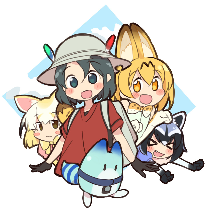 &gt;_&lt; 4girls :3 :d absurdres animal_ears bare_shoulders black_eyes black_gloves black_hair blonde_hair blush_stickers bow bowtie brown_eyes bucket_hat closed_eyes closed_mouth common_raccoon_(kemono_friends) elbow_gloves eyebrows_visible_through_hair fang fennec_(kemono_friends) fox_ears gloves grey_hat hair_between_eyes hat hat_feather highres kaban_(kemono_friends) kemono_friends looking_at_viewer lucky_beast_(kemono_friends) mousou_(mousou_temporary) multiple_girls open_mouth orange_eyes paw_pose pink_shirt puffy_short_sleeves puffy_sleeves raccoon_ears red_shirt serval_(kemono_friends) serval_ears serval_print shirt short_hair short_sleeves sleeveless sleeveless_shirt smile white_gloves white_shirt xd yellow_neckwear