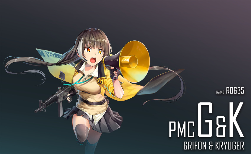 1girl bangs black_gloves black_hair black_legwear black_skirt character_name collared_shirt eyebrows_visible_through_hair eyes_visible_through_hair fingerless_gloves girls_frontline gloves gradient gradient_background gun hair_tie heterochromia highres holding holding_gun holding_megaphone holding_weapon hood jacket jacket_rolled_up lanyard long_hair machine_gun megaphone multicolored_hair one_leg_raised open_mouth orange_eyes pleated_skirt red_eyes ro635 ro635_(girls_frontline) shirt shouting skirt solo speaker streaked_hair thigh-highs trigger_discipline twintails vikpie weapon white_hair white_shirt wind yellow_eyes yellow_jacket