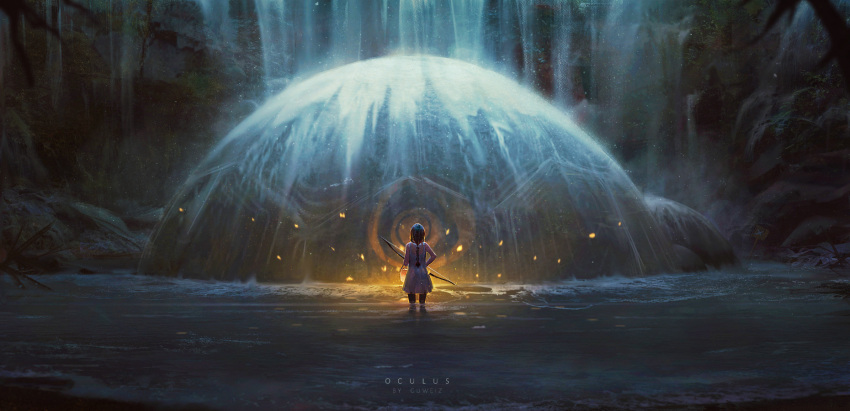 1girl artist_name bare_shoulders bow_(weapon) braid brown_hair cave facing_away from_behind glowing guweiz highres lantern long_hair original scenery single_braid solo standing title wading water waterfall weapon