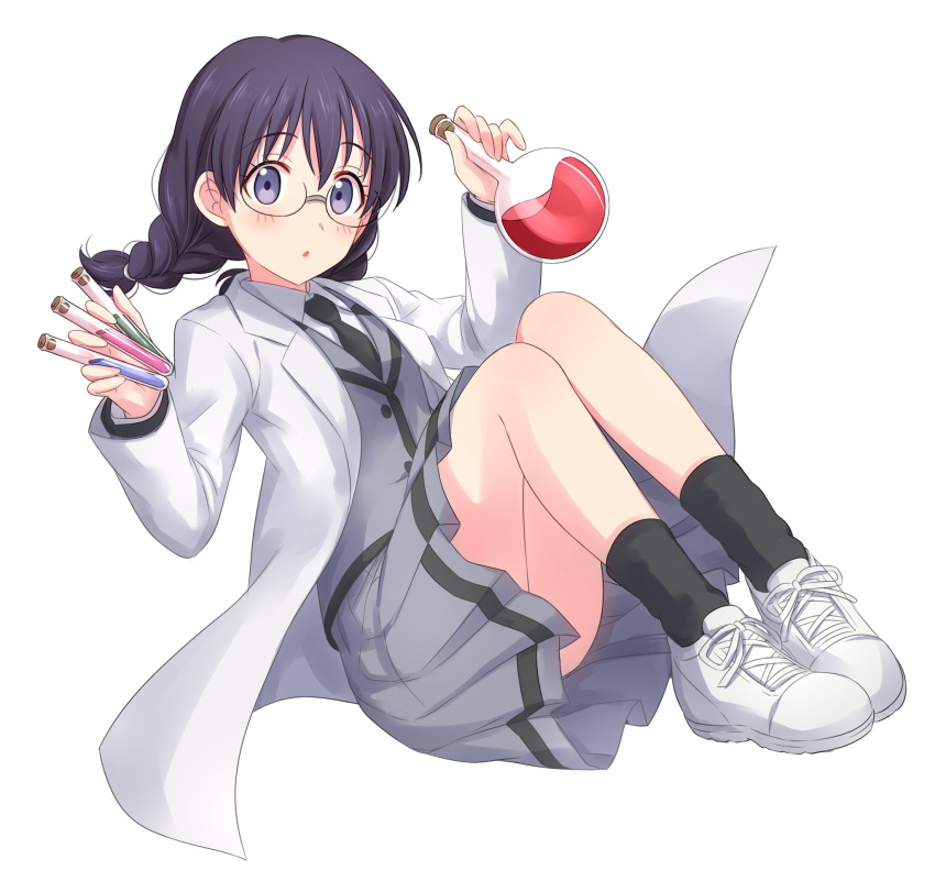 1girl :o ansatsu_kyoushitsu bangs black_legwear black_neckwear collared_shirt commentary eyebrows_visible_through_hair full_body grey_skirt grey_vest hair_between_eyes highres labcoat legs_together long_sleeves looking_at_viewer necktie okuda_manami parted_lips pleated_skirt purple_hair sekina shirt shoes simple_background skirt socks solo under-rim_eyewear vest vial violet_eyes white_background white_footwear white_shirt wing_collar