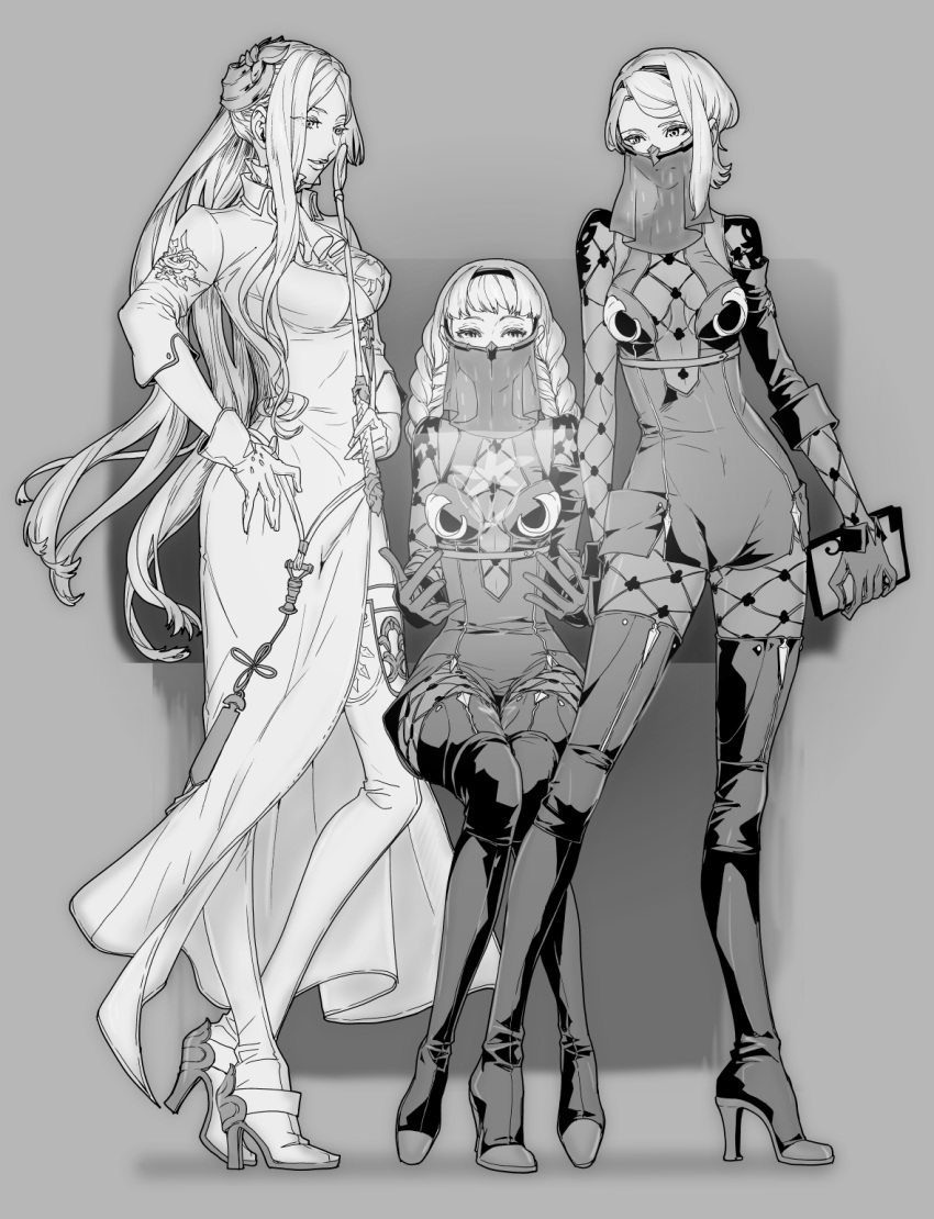 3girls black_footwear black_gloves black_legwear boots braid breasts covered_navel gloves greyscale hairband hand_on_hip high_heel_boots high_heels highres holographic_interface invisible_chair knee_boots large_breasts long_hair looking_at_viewer medium_breasts monochrome multiple_girls mz nier_(series) nier_automata operator_21o operator_6o parted_lips riding_crop sitting standing thigh-highs twin_braids veil very_long_hair white_footwear white_gloves white_legwear