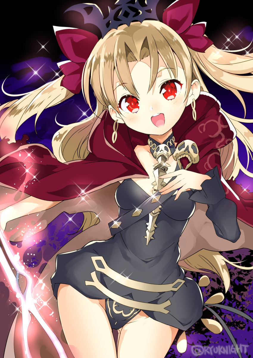 1girl :d cape commentary_request earrings ereshkigal_(fate/grand_order) fate/grand_order fate_(series) hair_ribbon highres jewelry light_brown_hair long_hair looking_at_viewer naitou_ryuu open_mouth red_eyes ribbon skull_necklace smile solo tiara tohsaka_rin twitter_username two_side_up