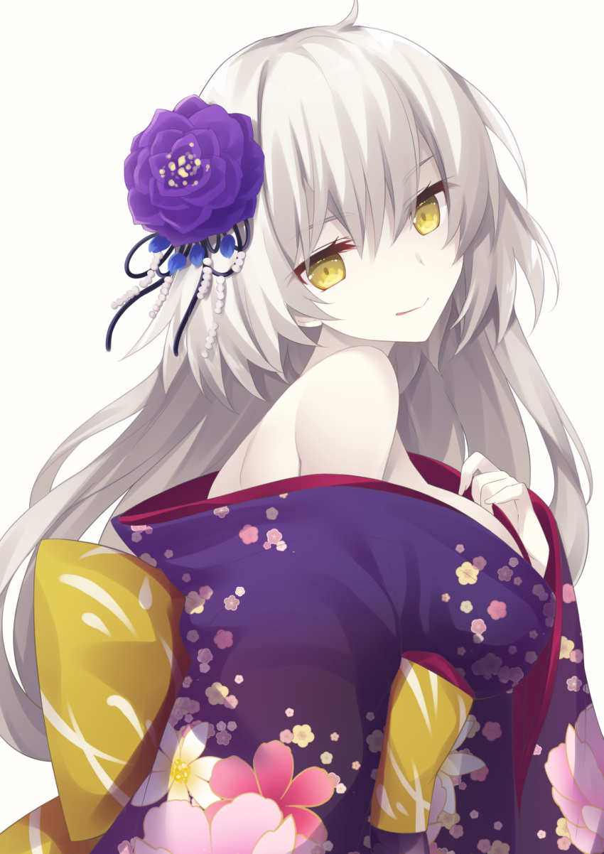 blonde_hair breasts fate/grand_order fate_(series) flower grey_hair hair_between_eyes hair_flower hair_ornament highres japanese_clothes jeanne_d'arc_(alter)_(fate) jeanne_d'arc_(fate)_(all) kimono large_breasts long_hair looking_at_viewer miko_92 off_shoulder open_clothes open_kimono upper_body white_background yellow_eyes