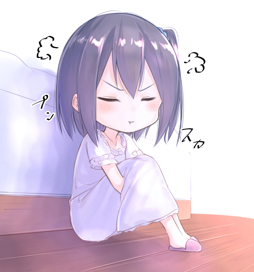 1girl :t angry bed blush chibi closed_eyes closed_mouth commentary_request facing_viewer full_body hair_ornament hair_scrunchie highres indoors leg_hug legs_together lingerie negligee no_socks original pout purple_hair scrunchie short_hair short_sleeves sitting slippers solo suzunari_shizuku underwear yuki_arare