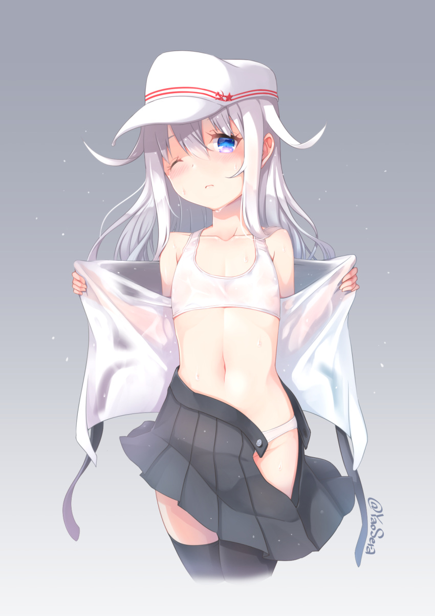 1girl ;( bare_shoulders black_legwear black_skirt blue_eyes blush closed_mouth collarbone cowboy_shot cropped_legs flat_cap flat_chest frown grey_background groin hairband hammer_and_sickle hat head_tilt hibiki_(kantai_collection) highres kantai_collection long_hair looking_at_viewer navel off_shoulder open_clothes open_fly open_shirt panties panty_peek pleated_skirt remodel_(kantai_collection) see-through shirt silver_hair simple_background skirt skirt_pull solo sports_bra standing stomach thigh-highs twitter_username unbuttoned underwear undressing verniy_(kantai_collection) water water_drop wet wet_clothes wet_shirt white_hat white_panties yaosera