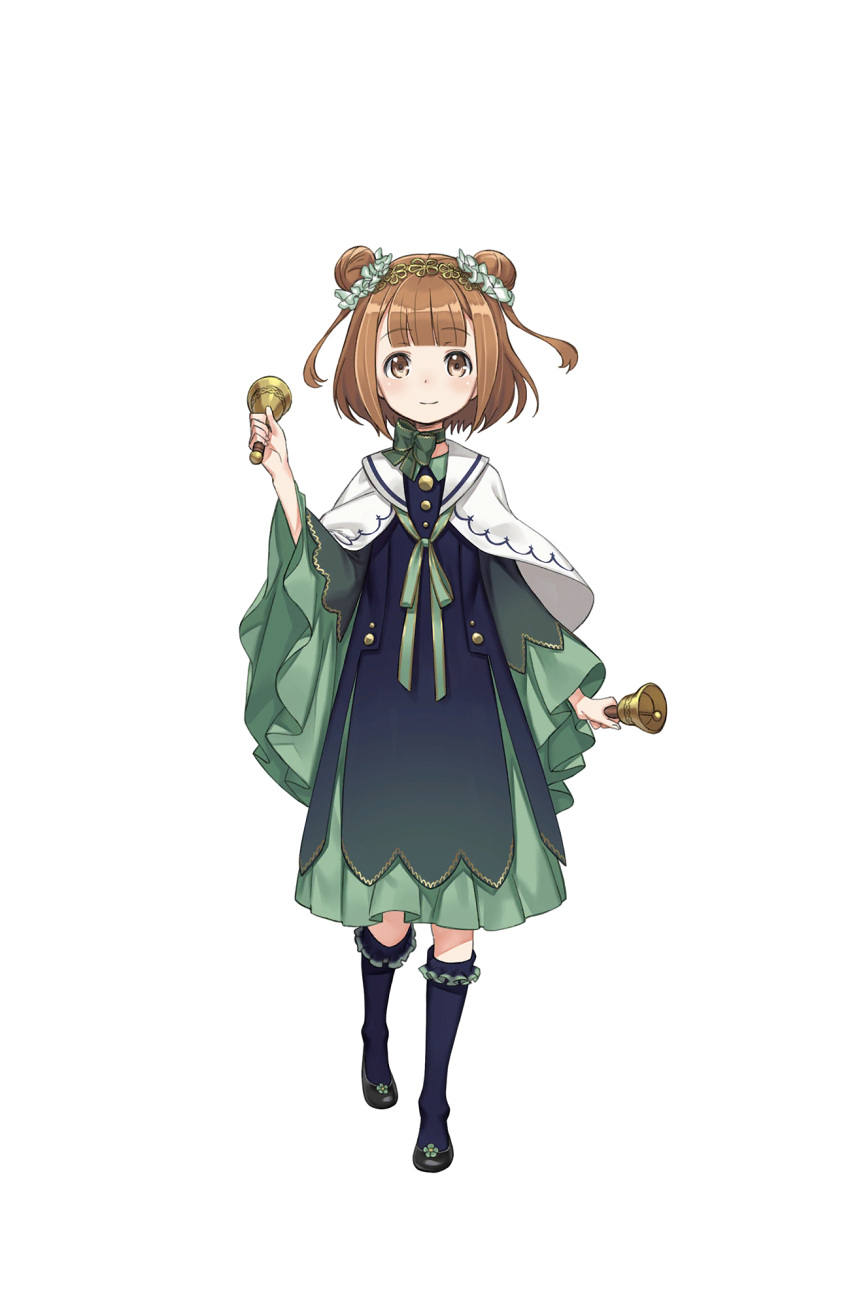 1girl beatrice_(princess_principal) black_footwear bow brown_eyes brown_hair double_bun full_body green_bow green_neckwear green_skirt hair_ornament handbell highres kneehighs looking_at_viewer navy_blue_legwear official_art princess_principal princess_principal_game_of_mission shoes short_hair skirt smile solo standing transparent_background white_capelet wide_sleeves