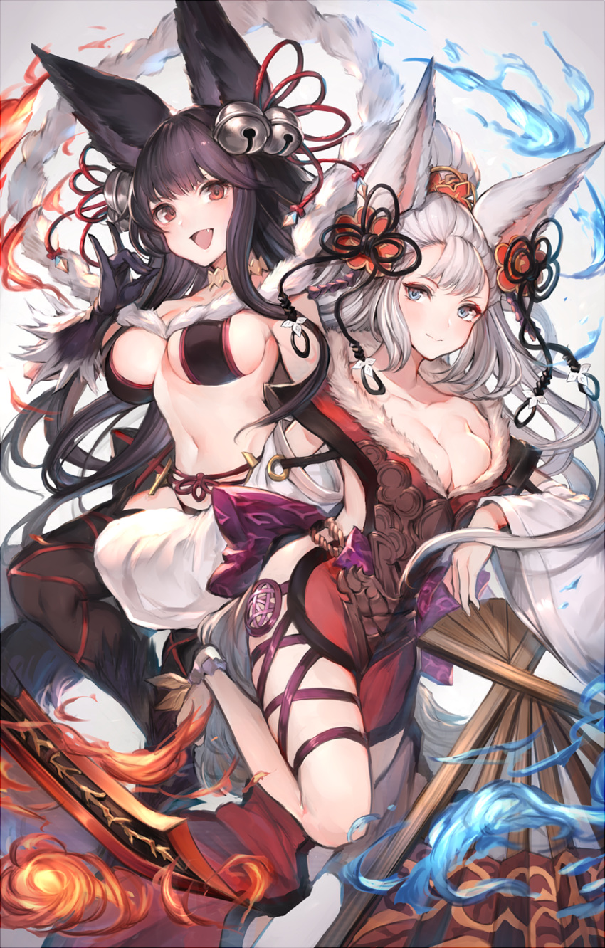 2girls animal_ears bangs bell black_gloves black_hair black_legwear blue_eyes blue_fire blush breasts cleavage collar collarbone detached_sleeves erun_(granblue_fantasy) fan fang fire folding_fan fox_ears fox_shadow_puppet fox_tail fur-trimmed_gloves fur_trim gloves granblue_fantasy hair_bell hair_ornament highres hips large_breasts leg_ribbon legs long_hair multiple_girls navel open_mouth oyu_(sijimisizimi) purple_ribbon red_eyes red_ribbon ribbon silver_hair smile socie_(granblue_fantasy) sword tail thigh-highs thighs tied_hair very_long_hair waist weapon wide_sleeves yuel_(granblue_fantasy)