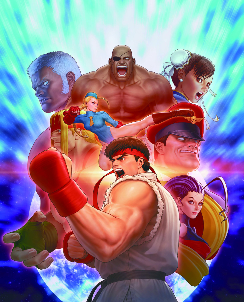 3girls 5boys absurdres ahoge alex_(street_fighter) bald blonde_hair blue_leotard boots braid brown_hair cammy_white chun-li dark_skin double_bun dougi eyepatch fingerless_gloves forehead_jewel garrison_cap gloves hagoromo hat headband highres huge_ahoge leotard mori_toshiaki multiple_boys multiple_girls official_art open_mouth purple_hair red_headband ribbed_leotard rose_(street_fighter) ryuu_(street_fighter) sagat_(street_fighter) shawl street_fighter street_fighter_i street_fighter_ii_(series) street_fighter_iii_(series) street_fighter_zero_(series) thong_leotard twin_braids urien_(street_fighter) vega_(street_fighter) white_hair