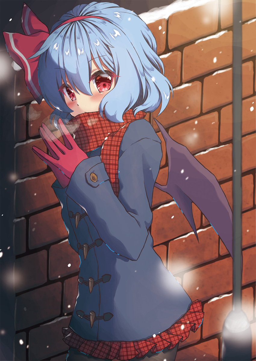 1girl beni_kurage blue_coat blue_hair blush breath casual coat commentary_request contemporary duffel_coat gloves hair_ribbon hairband highres long_sleeves looking_at_viewer pantyhose pleated_skirt red_eyes red_gloves red_hairband red_ribbon red_scarf red_skirt remilia_scarlet ribbon scarf short_hair skirt snowing solo touhou wings