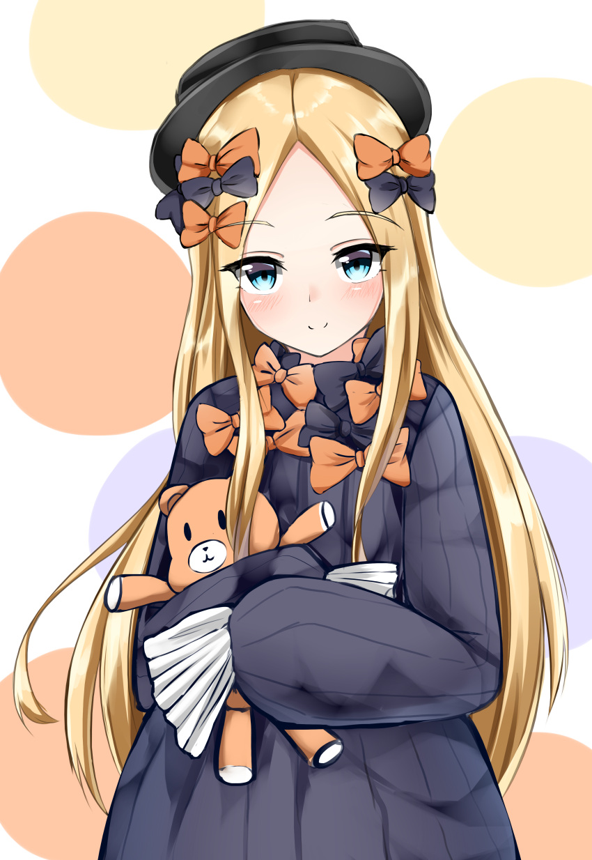 1girl abigail_williams_(fate/grand_order) absurdres bangs black_bow black_dress black_hat blonde_hair blue_eyes blush bow closed_mouth commentary_request dress eyebrows_visible_through_hair fate/grand_order fate_(series) hair_bow hands_in_sleeves hat head_tilt highres long_hair long_sleeves looking_at_viewer moyoron multicolored multicolored_polka_dots object_hug orange_bow parted_bangs polka_dot polka_dot_background polka_dot_bow smile solo stuffed_animal stuffed_toy teddy_bear very_long_hair white_background