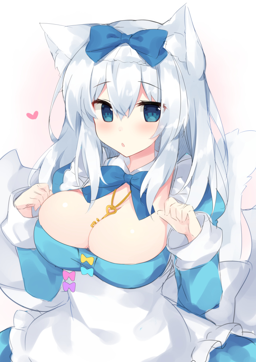 1girl :o animal_ears apron bangs blue_bow blue_dress blue_neckwear blush bow bowtie breasts cat_ears cat_girl cat_tail character_request cleavage commentary_request cowboy_shot detached_sleeves dress eyebrows_visible_through_hair frilled_apron frills hair_between_eyes hair_bow hair_ornament hands_up heart highres key_necklace large_breasts long_hair long_sleeves looking_at_viewer maid maid_apron miko_92 open_mouth original puffy_sleeves silver_hair skindentation solo tail waist_apron white_apron