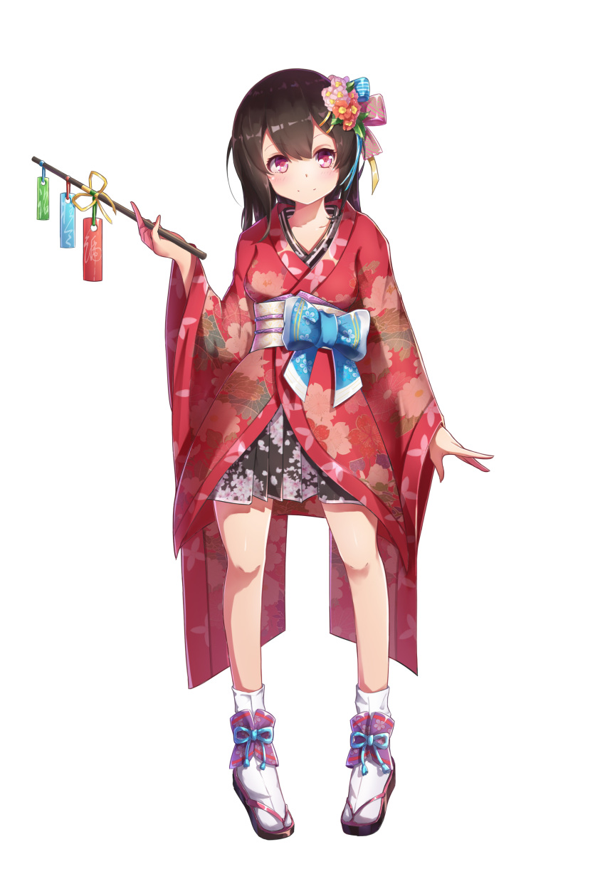 1girl absurdres bangs black_hair blush bow floral_print flower full_body geta hair_bow hair_flower hair_ornament highres japanese_clothes kimono lolita_fashion long_hair looking_at_viewer obi pink_eyes pleated_skirt sash simple_background skirt smile solo standing stick tabi wa_lolita white_background yamaku_ujou