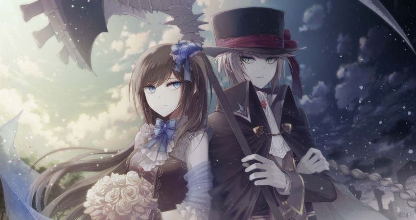 1boy 1girl angel31424 back-to-back blue_eyes bouquet braid brown_hair cape clouds crossed_arms flower gloves grey_hair hair_ribbon hat highres light_smile long_hair looking_at_another neck_ribbon neckerchief original ribbon scythe side_ponytail silver_hair sky slit_pupils top_hat weapon white_hair yellow_eyes