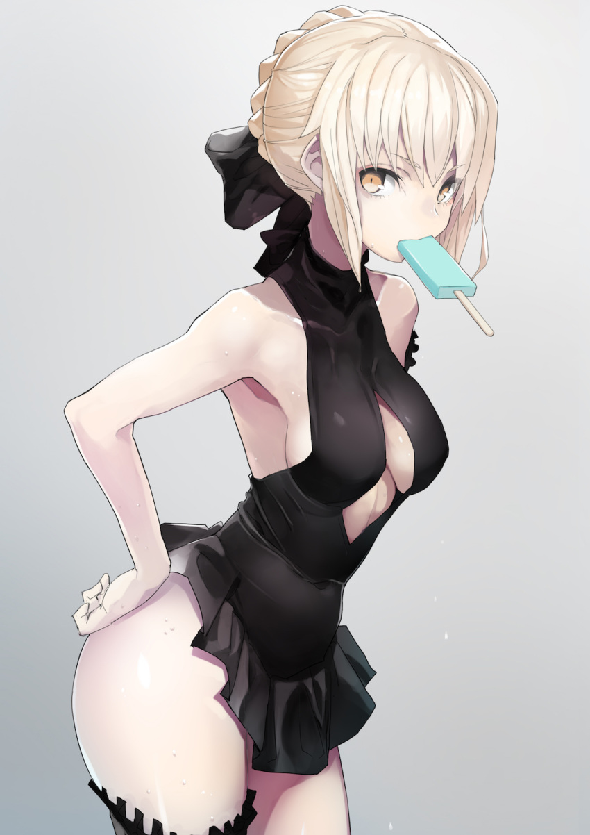1girl armpits artoria_pendragon_(all) artoria_pendragon_(swimsuit_rider_alter) bare_arms bare_shoulders black_bow black_dress blonde_hair bow braid breasts commentary_request cowboy_shot dress eyebrows_visible_through_hair eyes_visible_through_hair fate_(series) food grey_background hair_between_eyes hair_bow hair_bun hands_on_hips highres impossible_clothes looking_at_viewer medium_breasts mouth_hold popsicle saber_alter simple_background solo standing taishi_(picchiridou) thigh-highs yellow_eyes