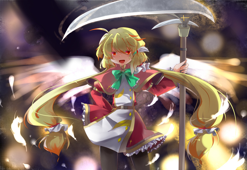1girl absurdres anmita_(rarutos) blonde_hair bow capelet dress hair_ornament highres holding holding_scythe long_hair mystical_power_plant off_shoulder original red_eyes saraka_sant'angelo scythe smile solo touhou twintails wings