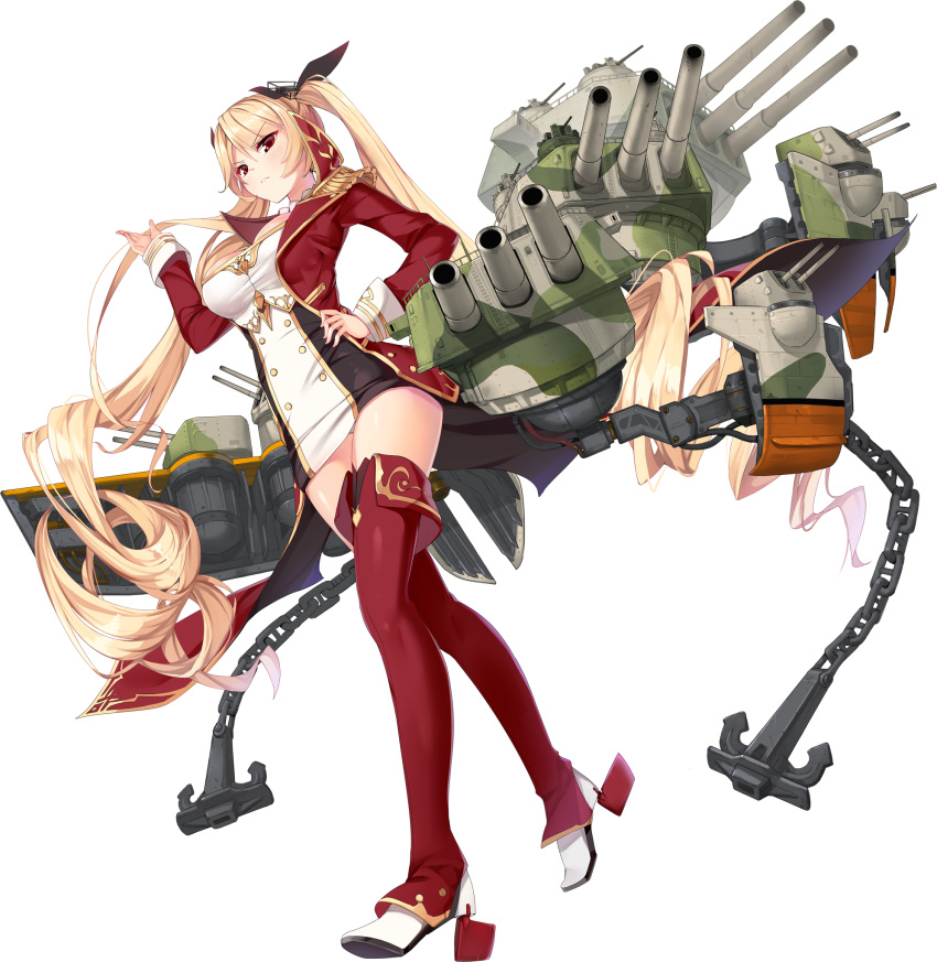 1girl anchor azur_lane bangs black_ribbon blonde_hair blush breasts buttons camouflage chains closed_mouth dress drill_hair epaulettes eyebrows eyebrows_visible_through_hair eyes_visible_through_hair facing_away frown full_body hair_between_eyes hair_ribbon hand_on_hip highres jacket kaede_(003591163) large_breasts leggings long_hair long_sleeves machinery microdress military military_uniform nelson_(azur_lane) official_art open_clothes open_jacket panties pantyshot pantyshot_(standing) red_eyes red_jacket red_legwear ribbon rudder_shoes short_dress simple_background solo standing thigh-highs tight tight_dress transparent_background tsurime twin_drills twintails underwear uniform very_long_hair walking white_footwear white_panties zettai_ryouiki