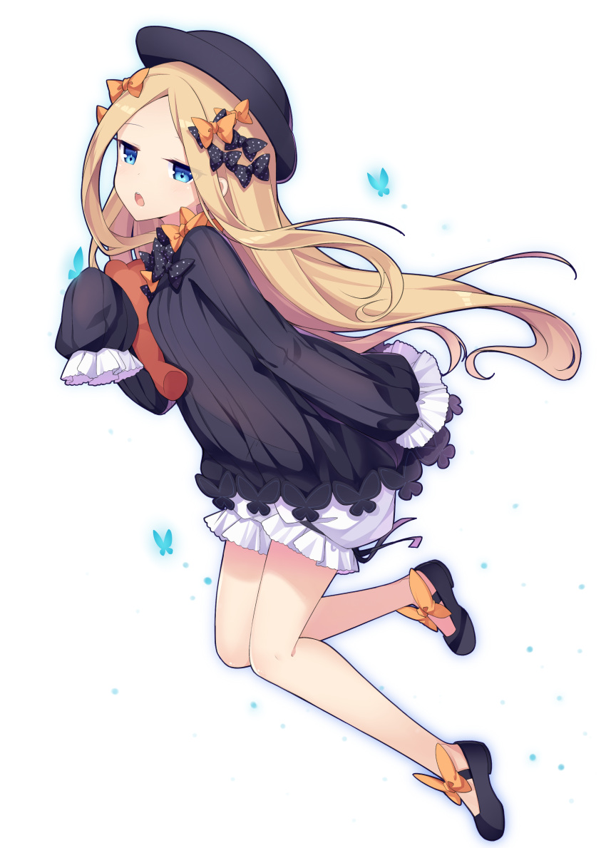 1girl abigail_williams_(fate/grand_order) absurdres amemiya_ruki bangs black_bow black_dress black_footwear black_hat blonde_hair bloomers blue_eyes bow butterfly commentary_request dress fate/grand_order fate_(series) from_side hair_bow hands_in_sleeves hat highres long_sleeves looking_at_viewer looking_to_the_side object_hug orange_bow parted_bangs parted_lips polka_dot polka_dot_bow shoes solo stuffed_animal stuffed_toy teddy_bear underwear upper_teeth white_background white_bloomers