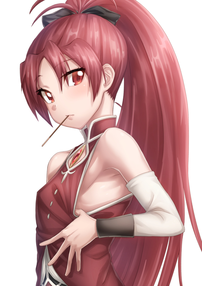 1girl armpits bare_shoulders blush detached_sleeves food gem highres long_hair looking_at_viewer magical_girl mahou_shoujo_madoka_magica mouth_hold no_bra pocky ponytail red_eyes redhead sakura_kyouko sazanami_tarou shirt_pull simple_background solo upper_body very_long_hair white_background