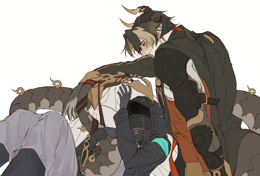 1boy 1other absurdres ambiguous_gender arknights arm_up armor black_coat black_gloves black_hair blush brown_hair chong_yue_(arknights) coat collared_coat commentary_request doctor_(arknights) dragon_boy dragon_horns dragon_tail ear_piercing elbow_on_knee feet_out_of_frame gloves grin highres holding_another's_tail hood hood_up hooded_coat horns knees_up korean_commentary leaning_on_person long_hair long_sleeves looking_at_another low_ponytail multicolored_hair pauldrons piercing pointy_ears rerebrace ribbon shoulder_armor simple_background single_pauldron single_sleeve sitting smile streaked_hair tail tail_ornament tail_ribbon very_long_tail walhee221 white_background wide_sleeves yellow_eyes