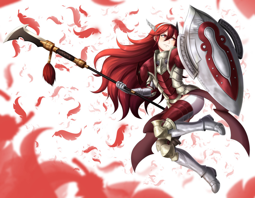 1girl adricarra armor armored_boots boots feathers fire_emblem fire_emblem_if full_body gauntlets hair_between_eyes hairband highres long_hair matoi_(fire_emblem_if) polearm red_eyes redhead shield solo weapon winged_hair_ornament