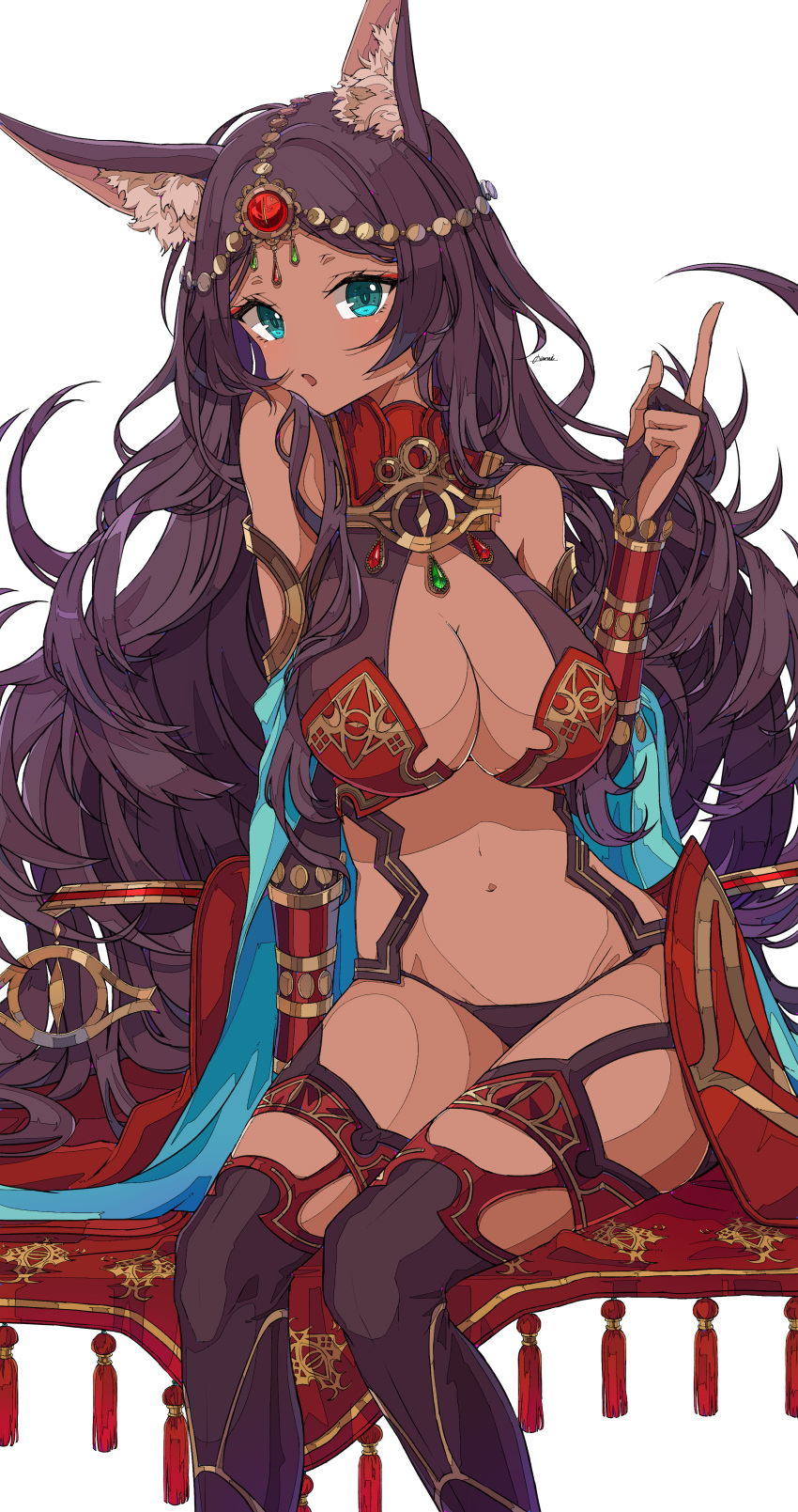 1girl :o absurdres animal_ears aqua_eyes blush bracer breasts cleavage dark_skin fate/grand_order fate_(series) hand_up highres index_finger_raised jewelry large_breasts long_hair looking_at_viewer navel open_mouth osanai purple_hair queen_of_sheba_(fate/grand_order) revealing_clothes sidelocks simple_background sitting solo thighs white_background